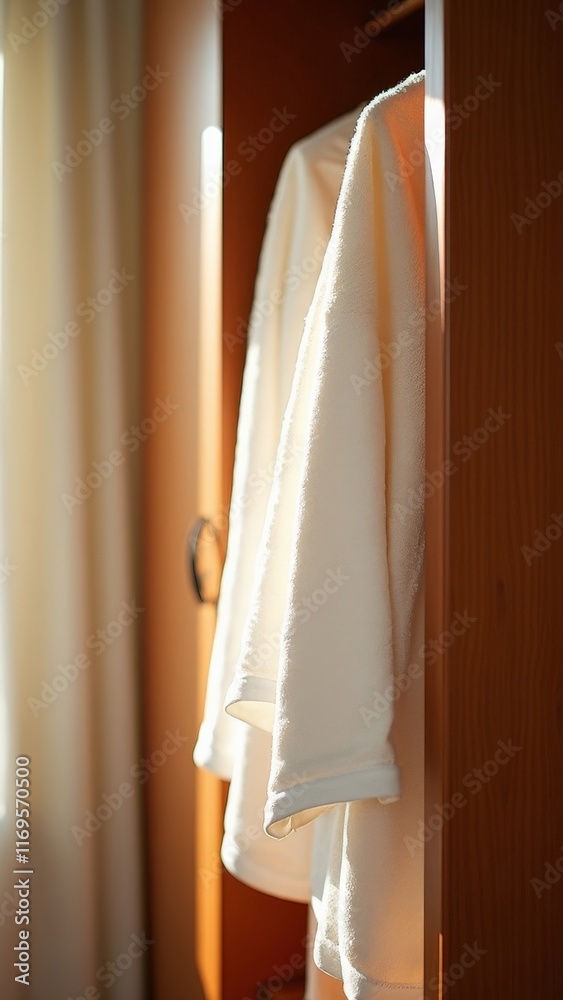 Soft sunlit bathrobe hanging in wooden wardrobe next to window