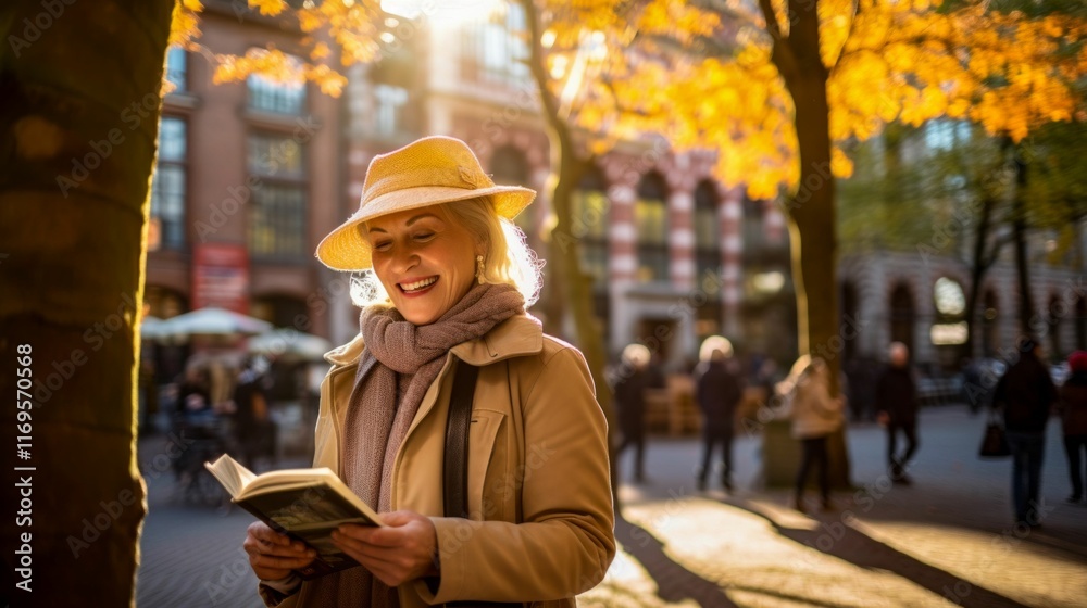 Joyful Woman Reading a Book in Autumn City. Generative ai Joyful Woman Reading a Book in Autumn City. Generative ai