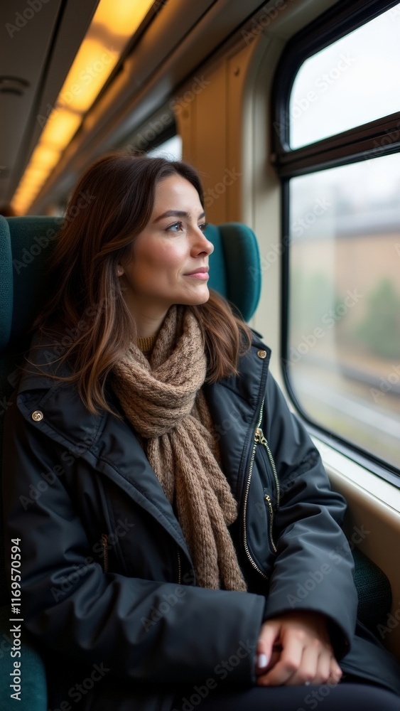 Woman in winter clothing sitting on a train and looking out the window