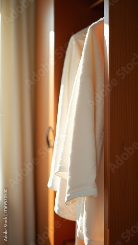 Obraz na płótnie Soft sunlit bathrobe hanging in wooden wardrobe next to window w salonie
