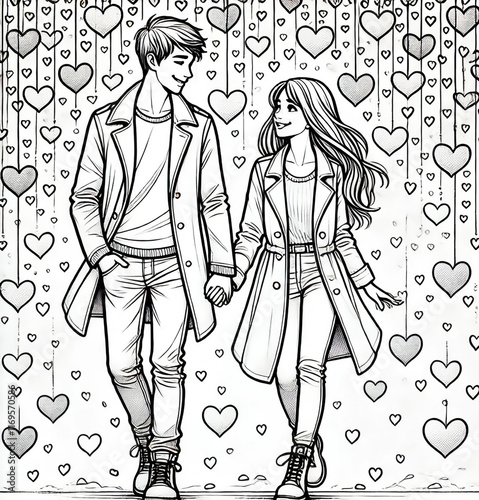 couple walking under a love rain