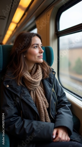 Obraz na płótnie Woman in winter clothing sitting on a train and looking out the window w salonie
