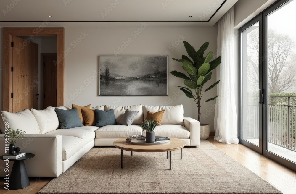 Modern Scandinavian living room with white sectional sofa and large windows