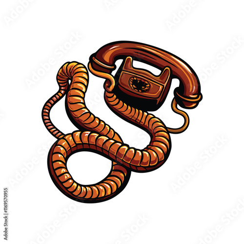 A vintage telephone with its cord turning into a snake, like it's being consumed by the serpent.