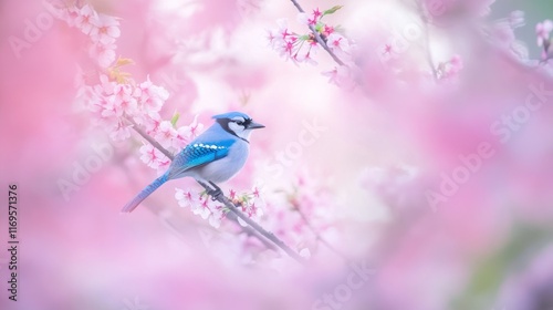 Blue jay perched on a blossoming cherry tree branch, soft pink background. photo