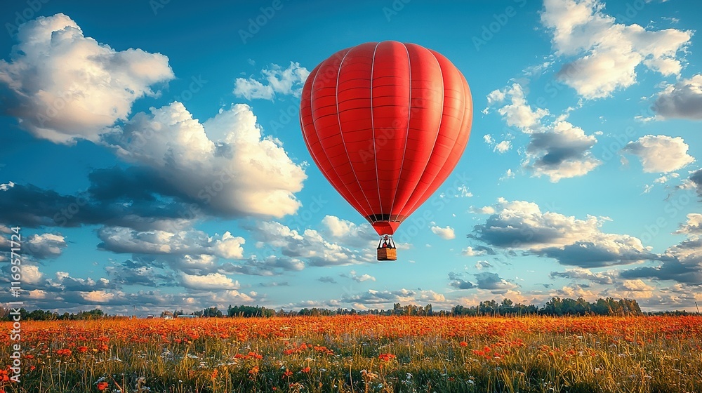 Naklejka premium Large red hot air balloon soaring over blue, cloudy sky with tall grass and wildflowers below