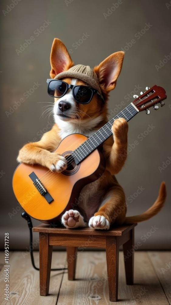 Cute dog wearing sunglasses and beanie playing acoustic guitar on stool