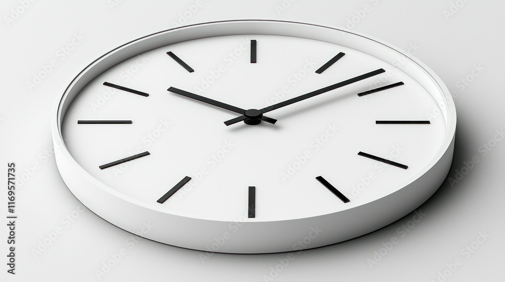 White wall clock on white background showing time. White wall clock on white background showing time.