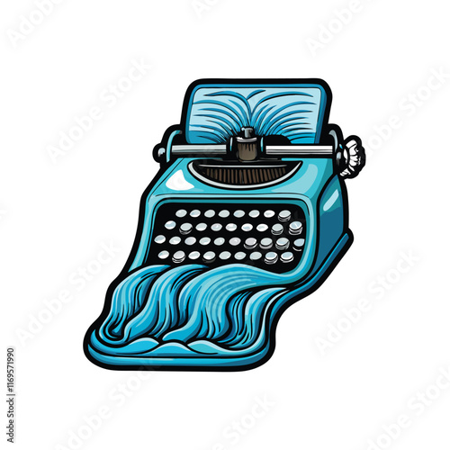 A retro blue typewriter with a flowing stream of water coming out of it.