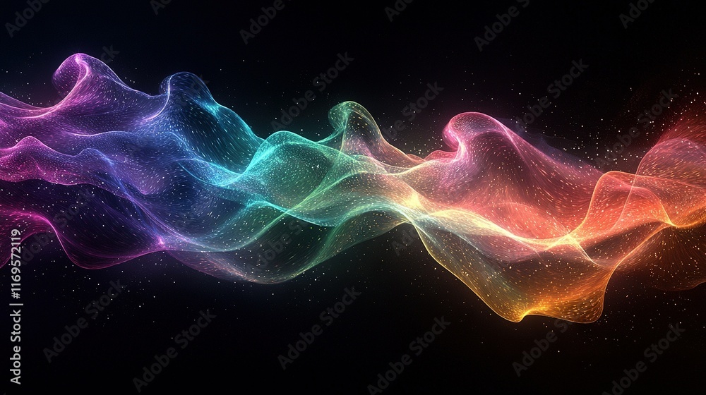 Obraz premium A vibrant wave of multicolored light on an obsidian backdrop against a captivating blue sky, creating a breathtaking visual