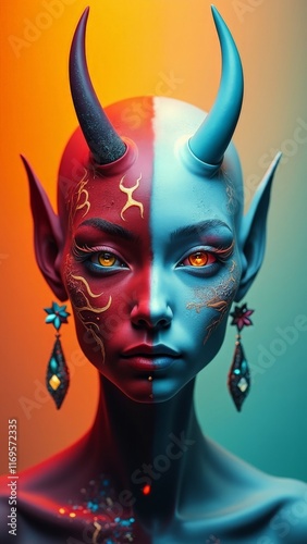 Fantasy character with dual-colored skin and horns