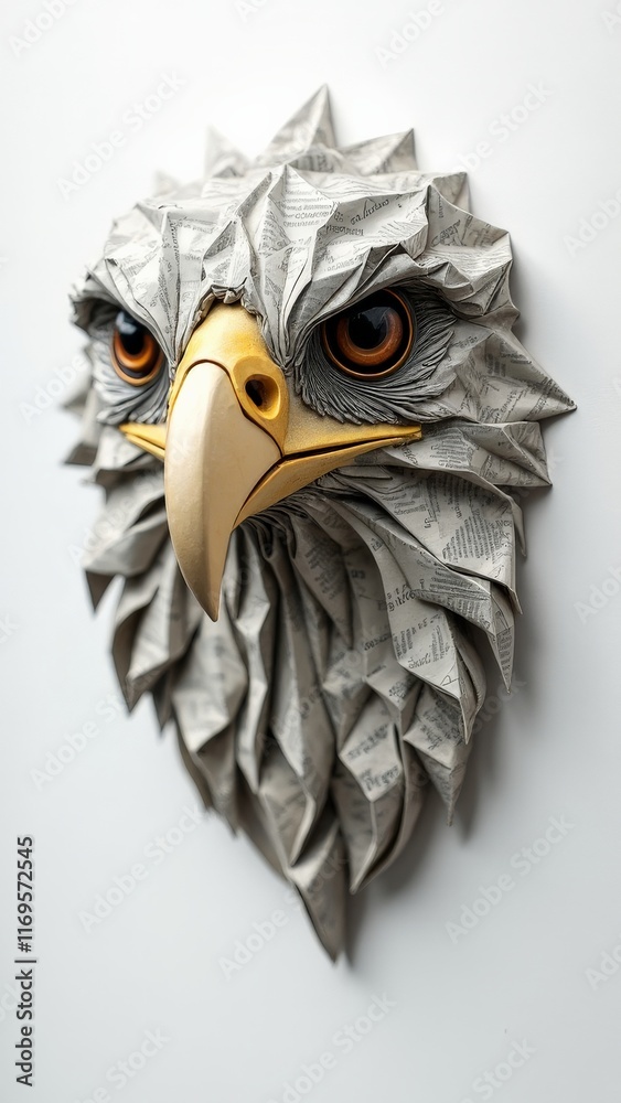 Origami-style eagle head made from folded newspaper