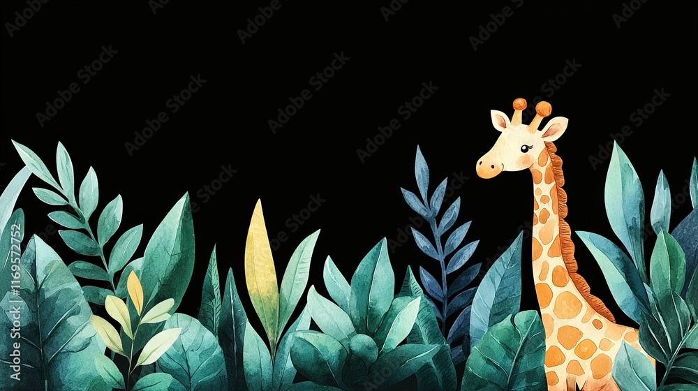 Fototapeta premium A striking portrait of a majestic giraffe set amidst lush greenery against a dark canvas backdrop