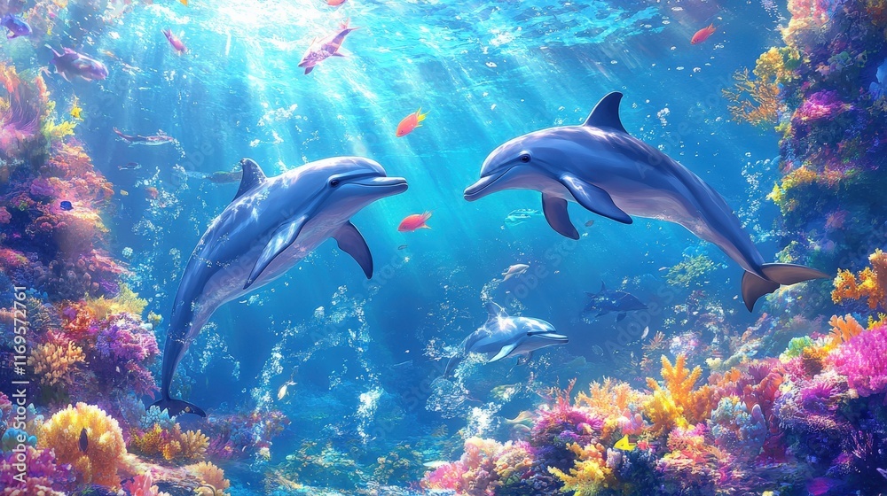 Obraz premium Two Dolphins Swim Gracefully Amidst Vibrant Coral Reef