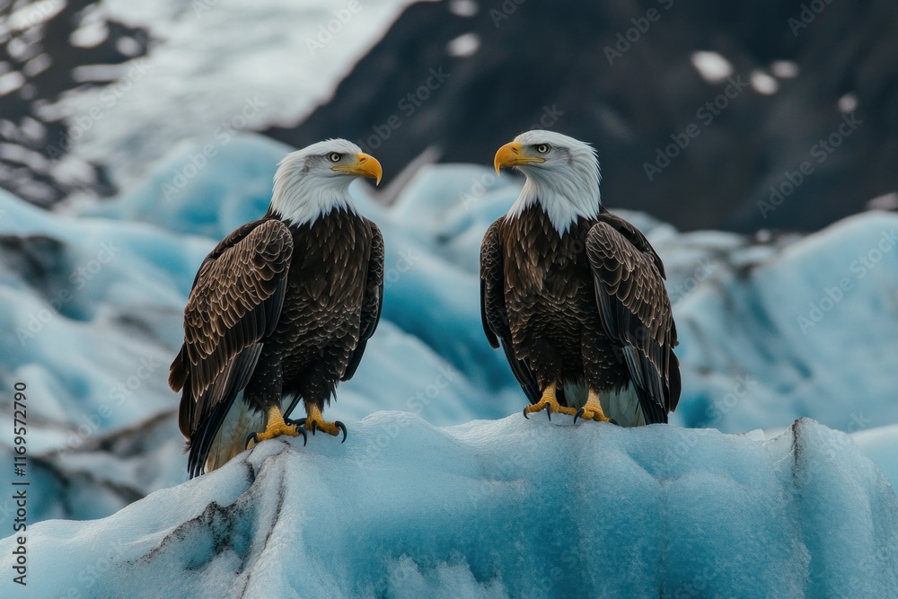 Two bald eagles perched on a glacial ice formation, facing each other against a mountain backdrop. Two bald eagles perched on a glacial ice formation, facing each other against a mountain backdrop.