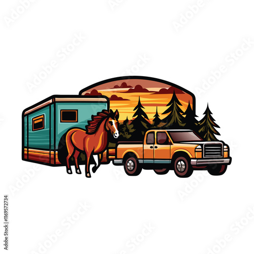 A vector illustration of a yellow pickup truck towing a horse trailer with a brown horse standing beside it, set against a sunset backdrop of a forest.