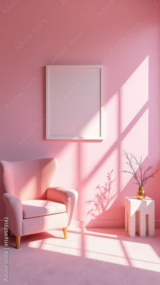 Minimalist pink interior with soft chair, framed artwork, and plant in sunlit room
