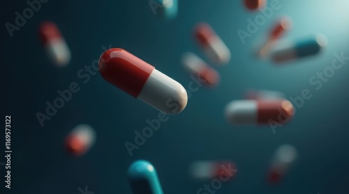 Abstract image of colorful pills and capsules falling against a dark blue background.