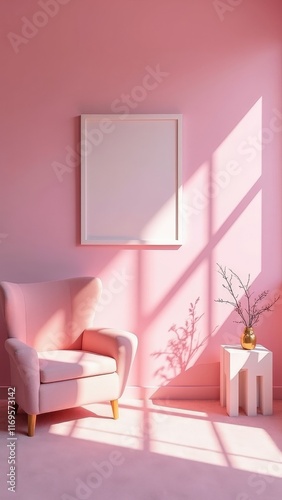 Obraz na płótnie Minimalist pink interior with soft chair, framed artwork, and plant in sunlit room w salonie