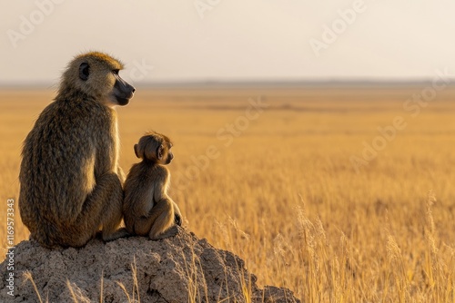 Adult and baby baboon sitting on a rock, overlooking a vast golden savanna at sunset.