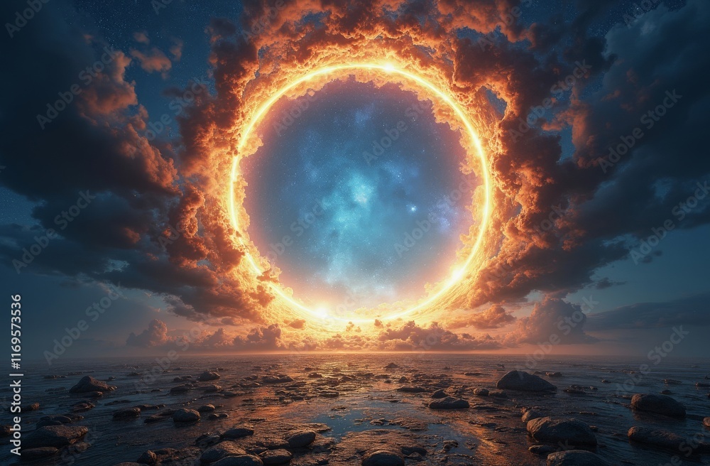 Dramatic glowing solar ring above rocky ocean shore during twilight