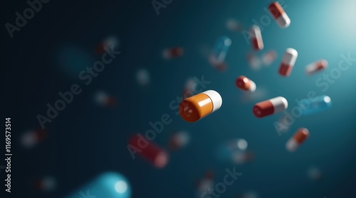 Abstract image of colorful pills and capsules falling against a dark blue background.