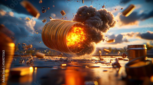 Exploding metallic barrel with fire, smoke, and debris. photo