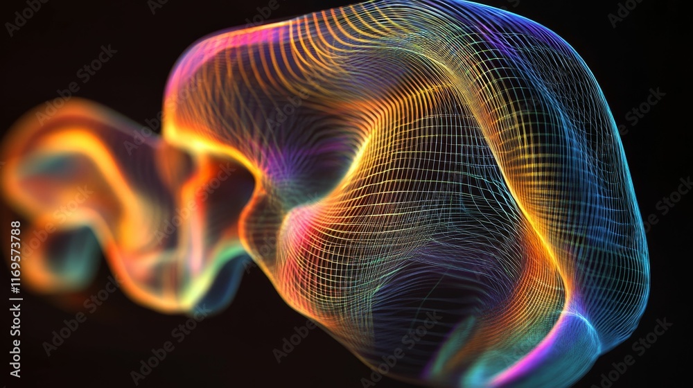 Fototapeta premium Abstract iridescent mesh, flowing, dark background.