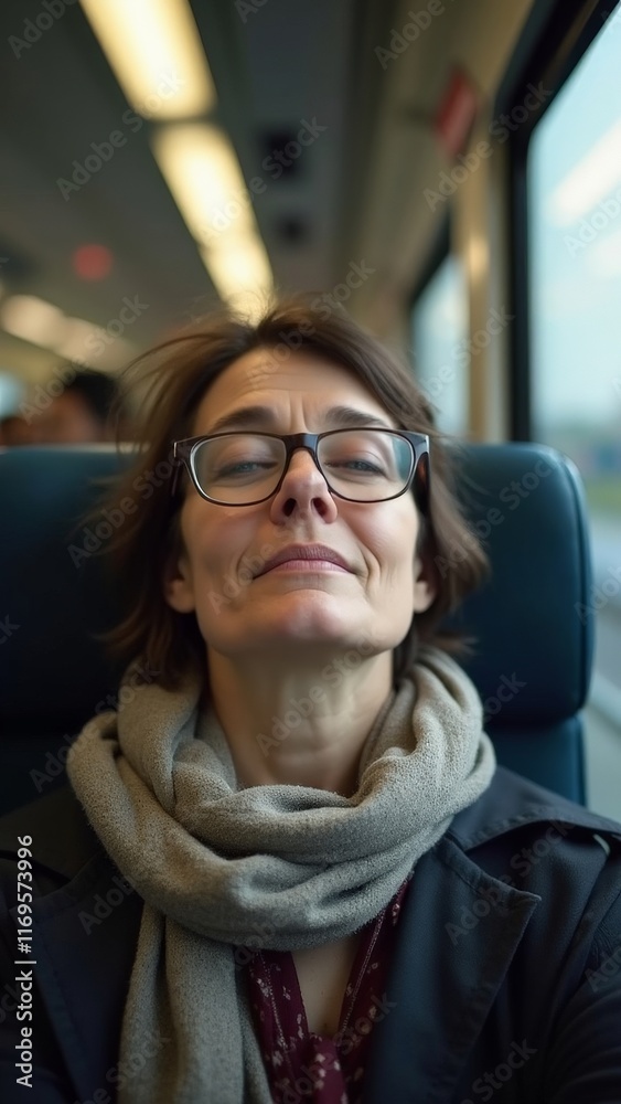 Middle-aged woman in scarf smiling confidently inside moving train