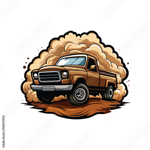 A vector illustration of a brown pickup truck driving through a cloud of dust.