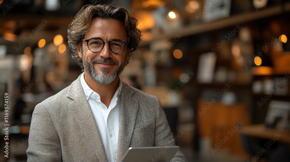 Obraz premium Confident man, tablet, office, bokeh, success