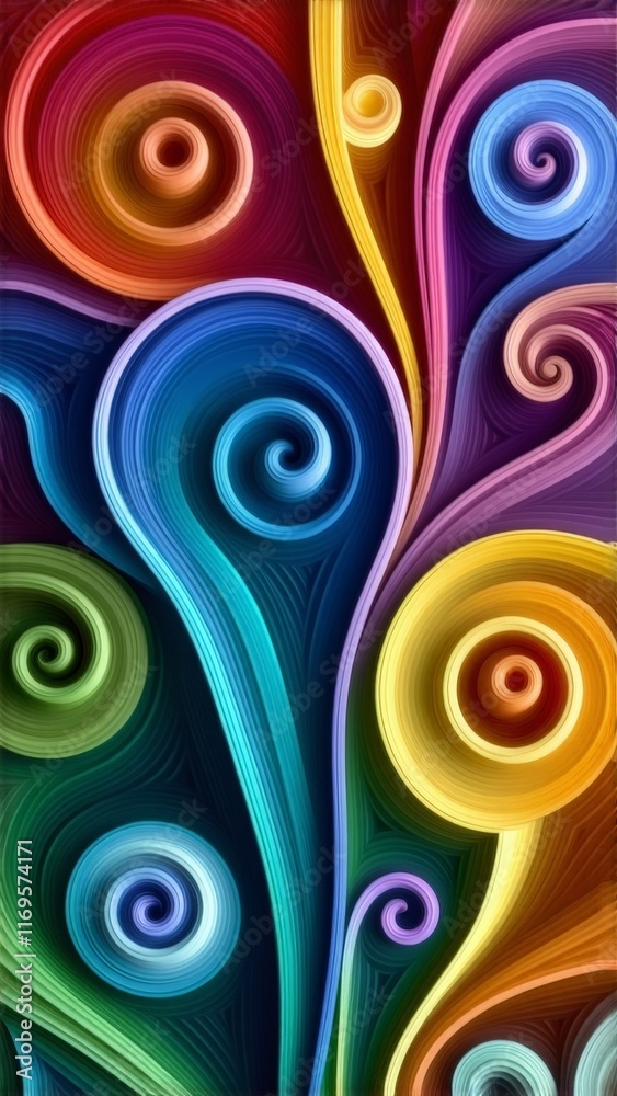 Colorful swirl design with layered curves and luminous abstract shapes