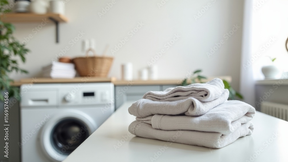 Stack of clean white towels on table in bright laundry room interior