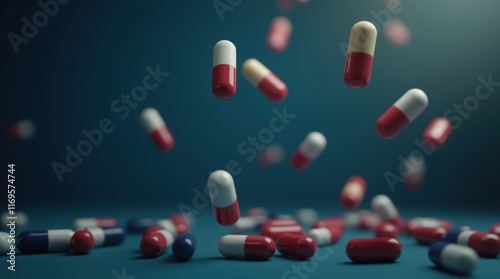 Abstract image of colorful pills and capsules falling against a dark blue background.