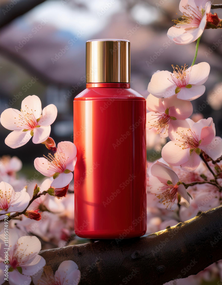 A luxurious red cosmetic bottle with a gold cap is surrounded by delicate pink cherry blossoms in bloom.