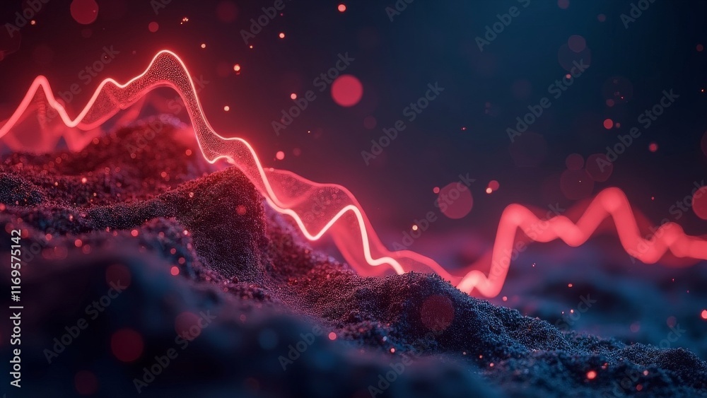 Red glowing waveform over abstract dark terrain with bokeh lights