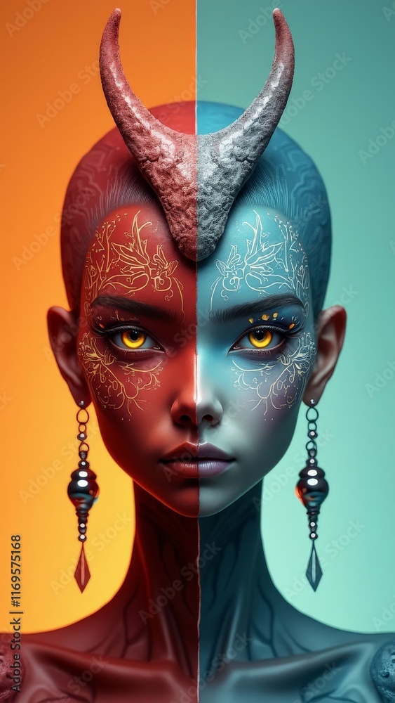 Fantasy portrait of dual-toned female figure with horns and symmetrical face