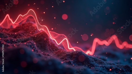 Red glowing waveform over abstract dark terrain with bokeh lights