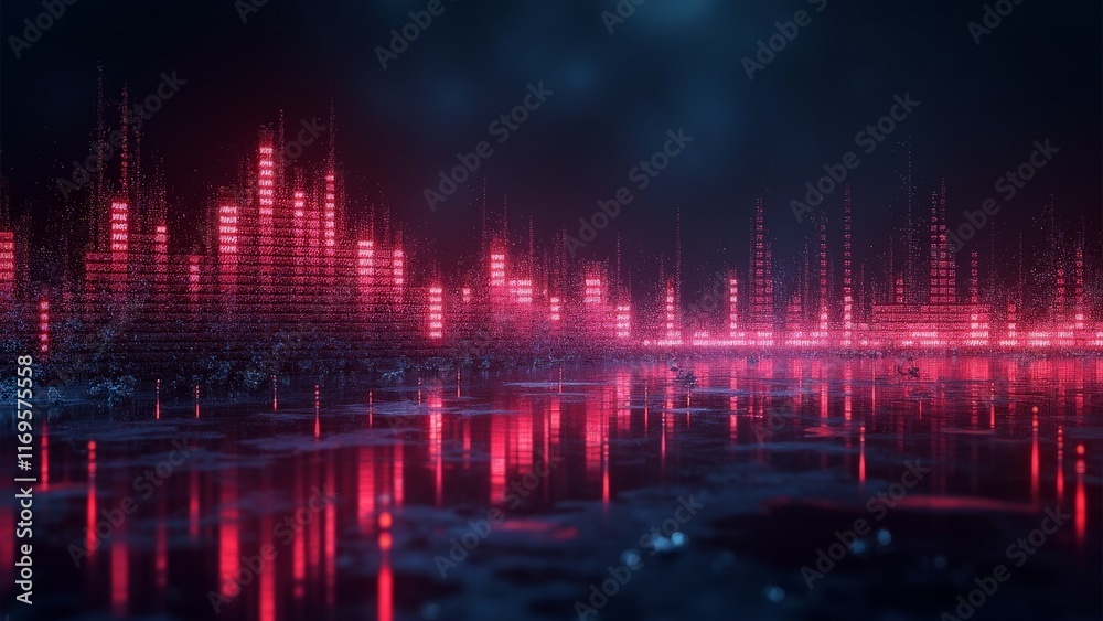 Abstract digital cityscape with red light bars reflecting on water