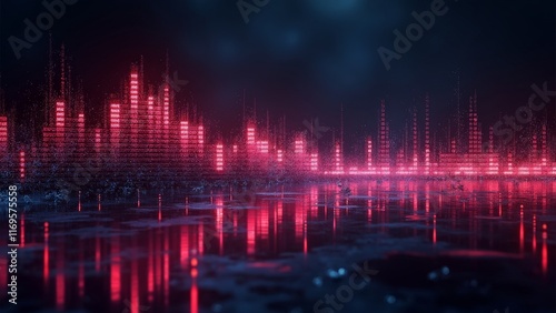 Obraz na płótnie Abstract digital cityscape with red light bars reflecting on water w salonie