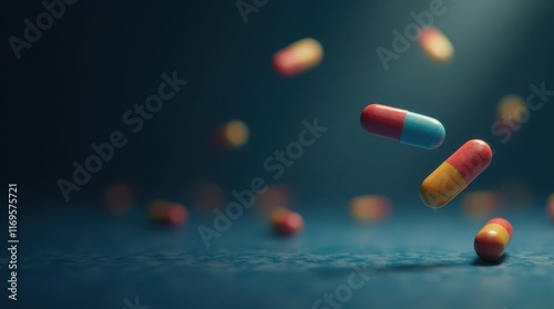 Abstract image of colorful pills and capsules falling against a dark blue background.