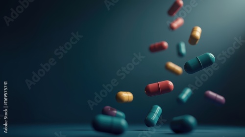 Abstract image of colorful pills and capsules falling against a dark blue background.