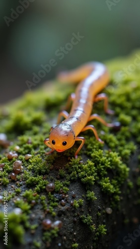 Macro view of orange salamander crawling on mossy surface