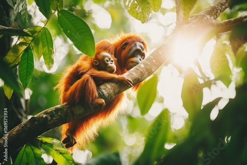 Orangutan mother and baby clinging to a tree branch in a sunlit rainforest. photo