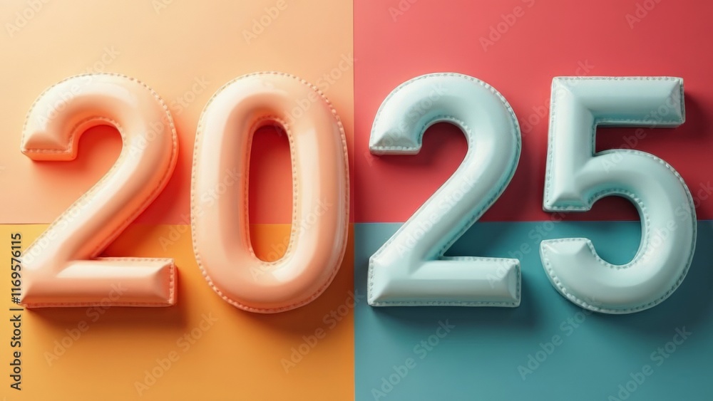 Colorful 3D render of inflated numbers 2025 on geometric background
