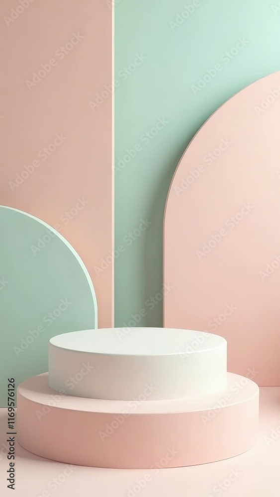 Abstract pastel podium with geometric arches in soft color background