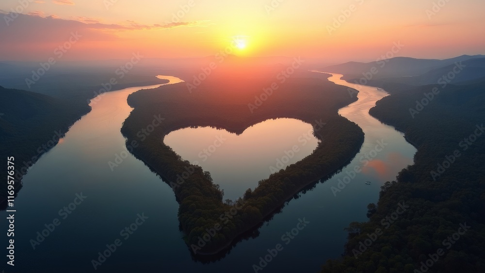 Aerial view of river forming heart shape at sunset over mountain landscape