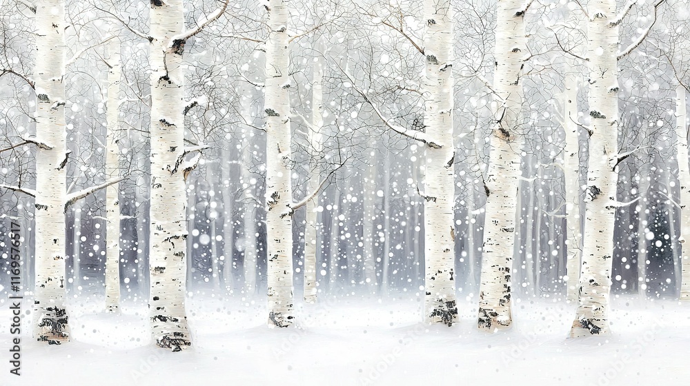 Fototapeta premium A snow-covered forest of many white trees adjacent to another forest of white trees, both covered in snow