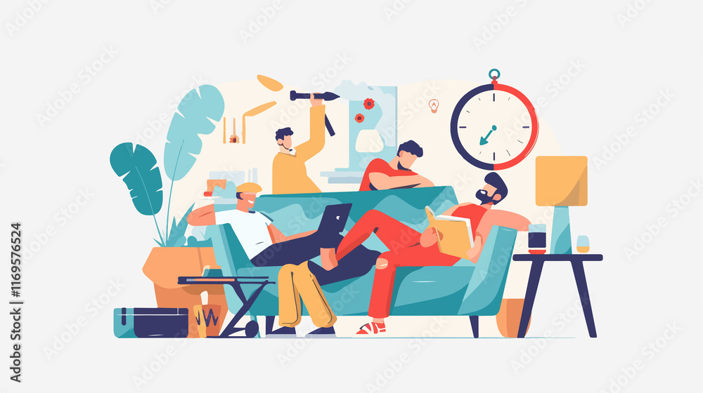 Cozy Weekend Landing Page Design with Relaxing Characters Cozy Weekend Landing Page Design with Relaxing Characters