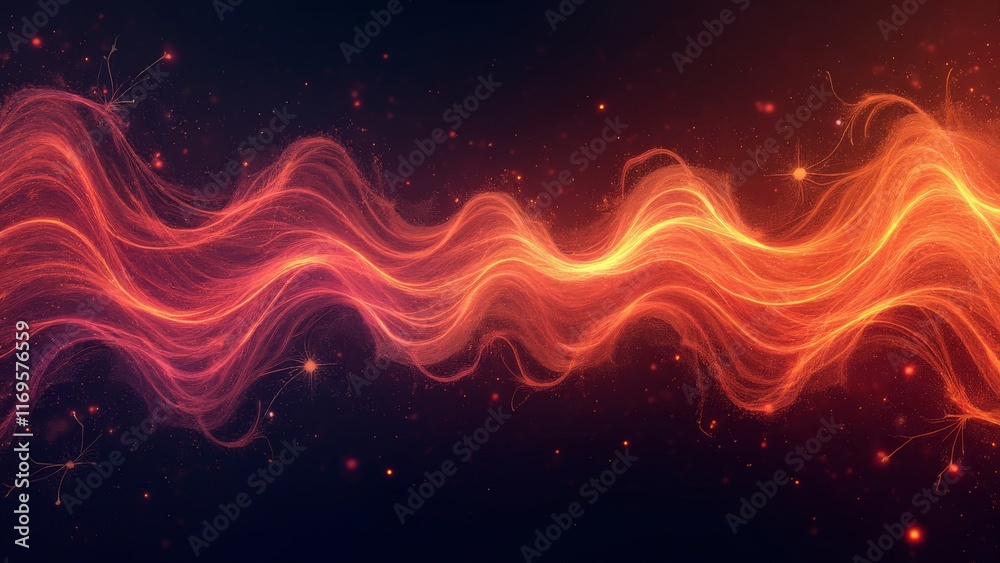 Abstract energy wave of glowing orange light particles on dark background